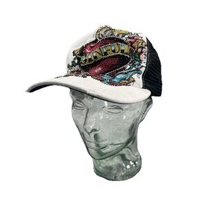 Y2K VTG Sinful Snapback Trucker Hat Multicolor Adjustable Rhinestone Distressed